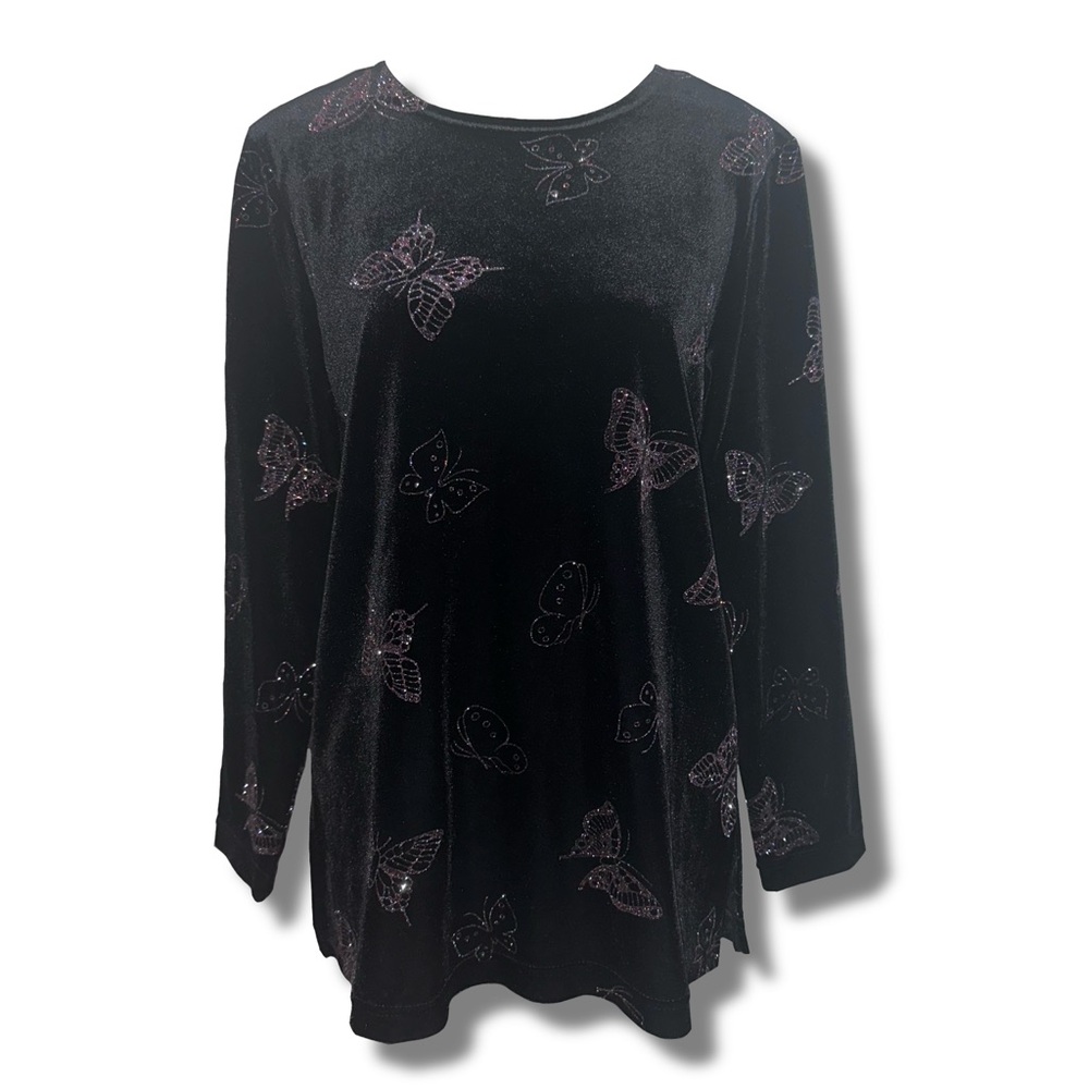 Vtg 90s Glittery Butterfly Velour Top